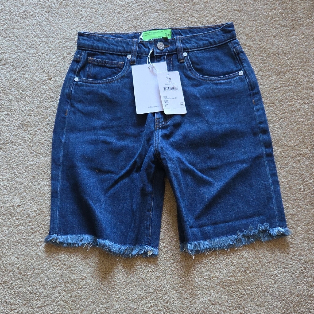 Sandrine Rose Free People Denim Frayed Hem Jean Shorts Indigo High Waist Sz 27